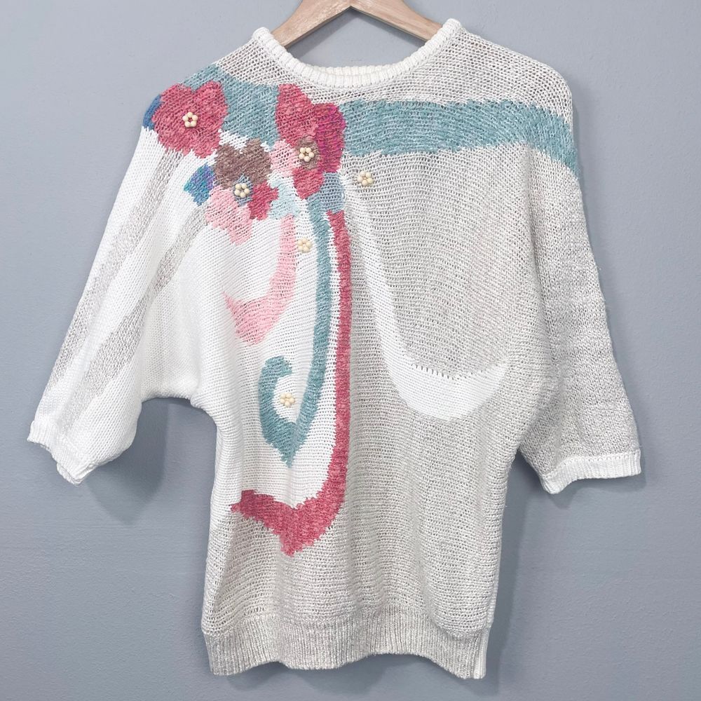 Vintage Koret Floral Knitted Sweater Size L Linen Granny Cottage Boho Retro Twee